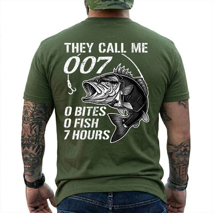 Military Green T-shirt back with large bass and 0 bites 0 fish 7 hours fishing joke