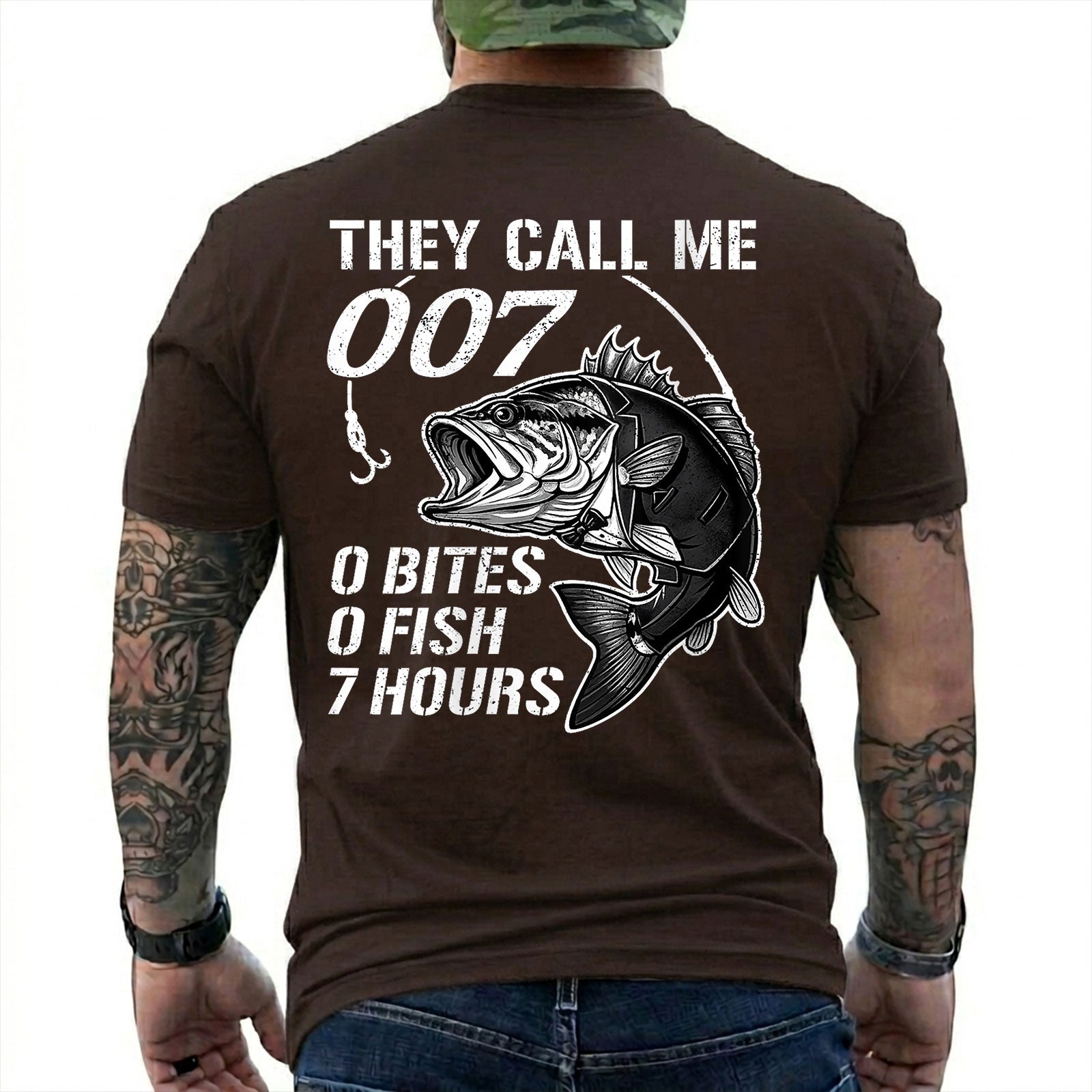 Dark Chocolate T-shirt back with large bass and 0 bites 0 fish 7 hours fishing joke
