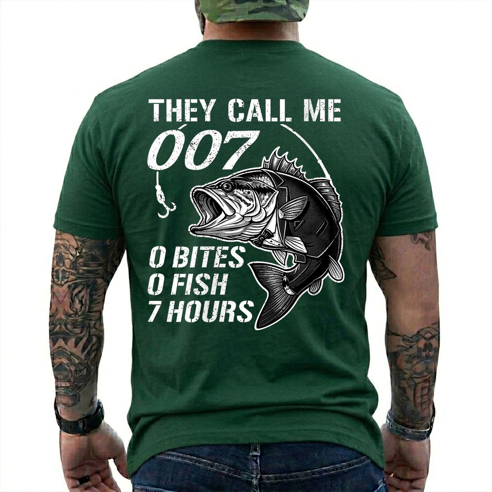 Navy T-shirt back with large bass and 0 bites 0 fish 7 hours fishing joke