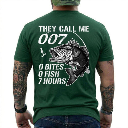 Navy T-shirt back with large bass and 0 bites 0 fish 7 hours fishing joke