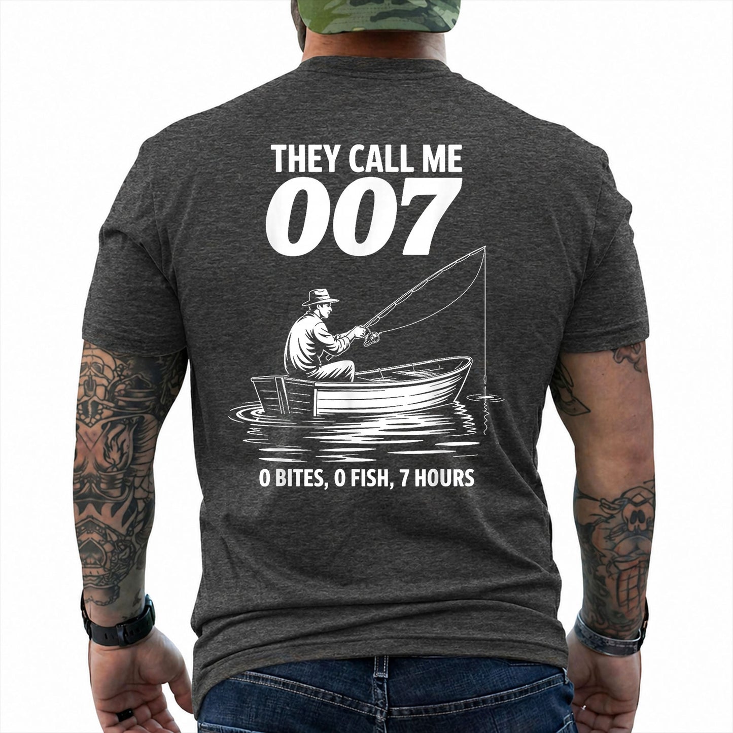 Dark Heather T-shirt back with angler in a small boat and 0 bites 0 fish 7 hours joke