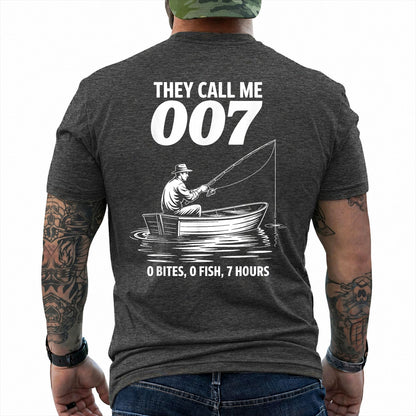 Dark Heather T-shirt back with angler in a small boat and 0 bites 0 fish 7 hours joke