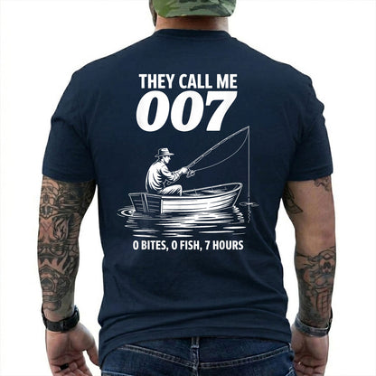 Forest Green T-shirt back with angler in a small boat and 0 bites 0 fish 7 hours joke