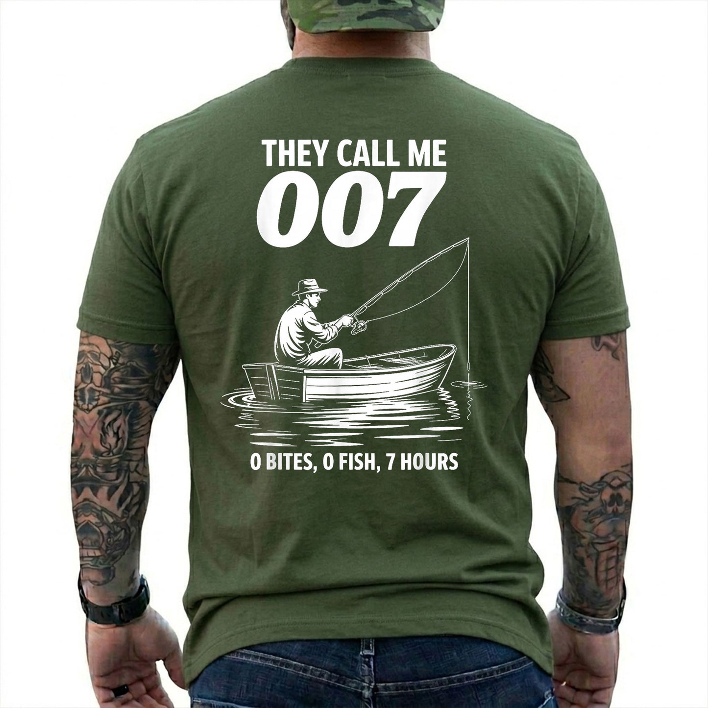 Military Green T-shirt back with angler in a small boat and 0 bites 0 fish 7 hours joke