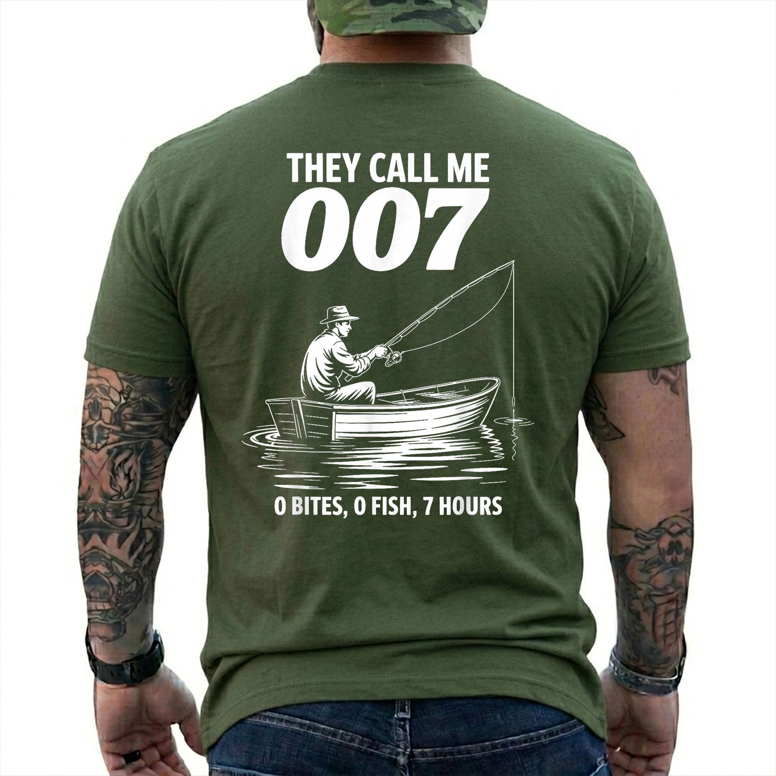 Military Green T-shirt back with angler in a small boat and 0 bites 0 fish 7 hours joke