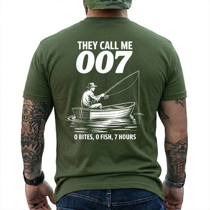 Military Green T-shirt back with angler in a small boat and 0 bites 0 fish 7 hours joke
