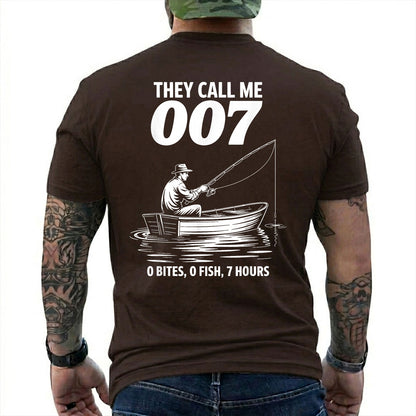 Dark Chocolate T-shirt back with angler in a small boat and 0 bites 0 fish 7 hours joke