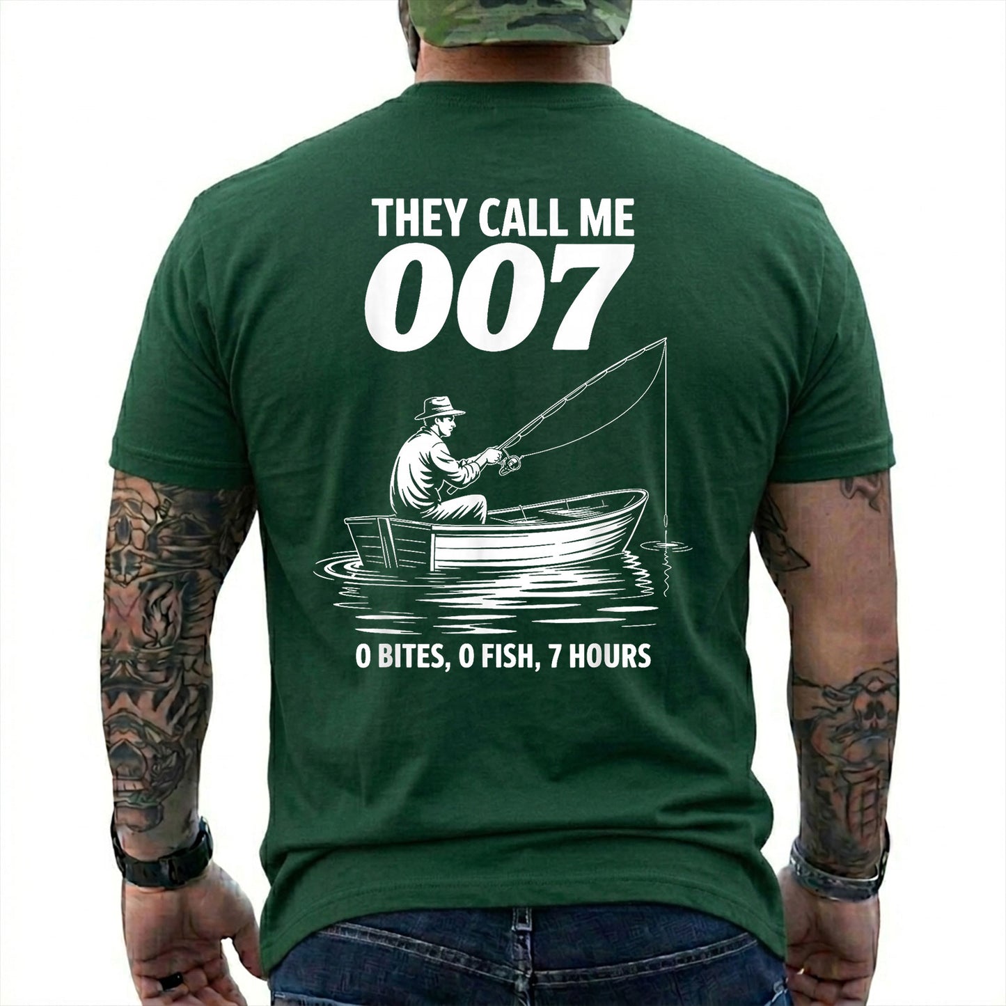 Navy T-shirt back with angler in a small boat and 0 bites 0 fish 7 hours joke