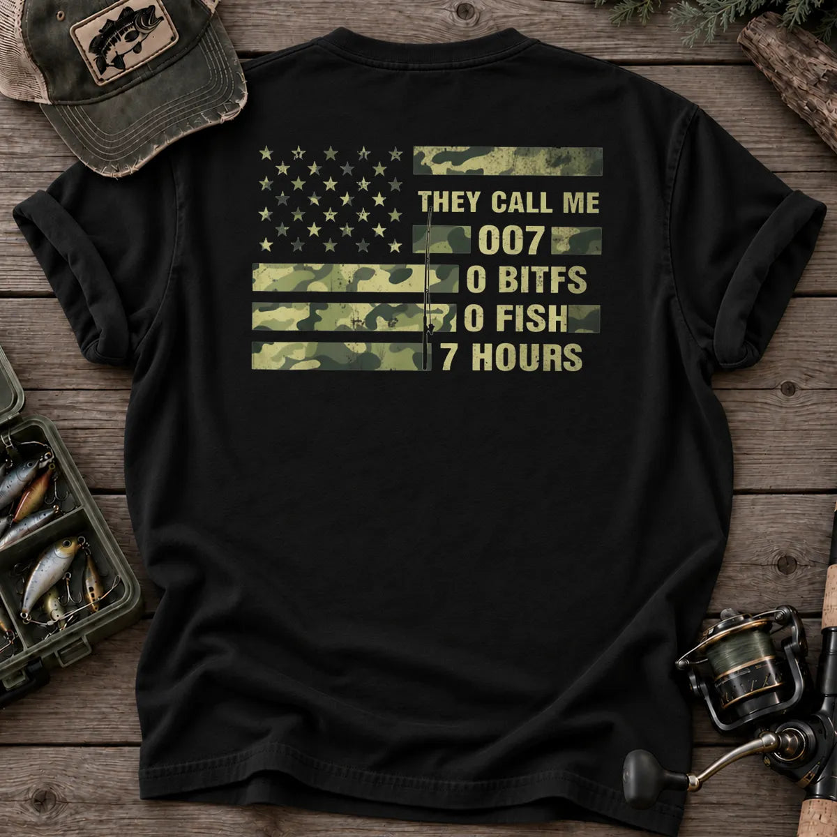 They Call Me 007 Camo Flag Fishing T-Shirt in Black
