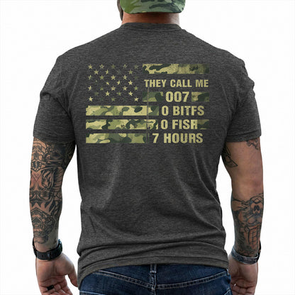 Dark Heather T-shirt back with camo American flag and 0 bites 0 fish 7 hours fishing joke