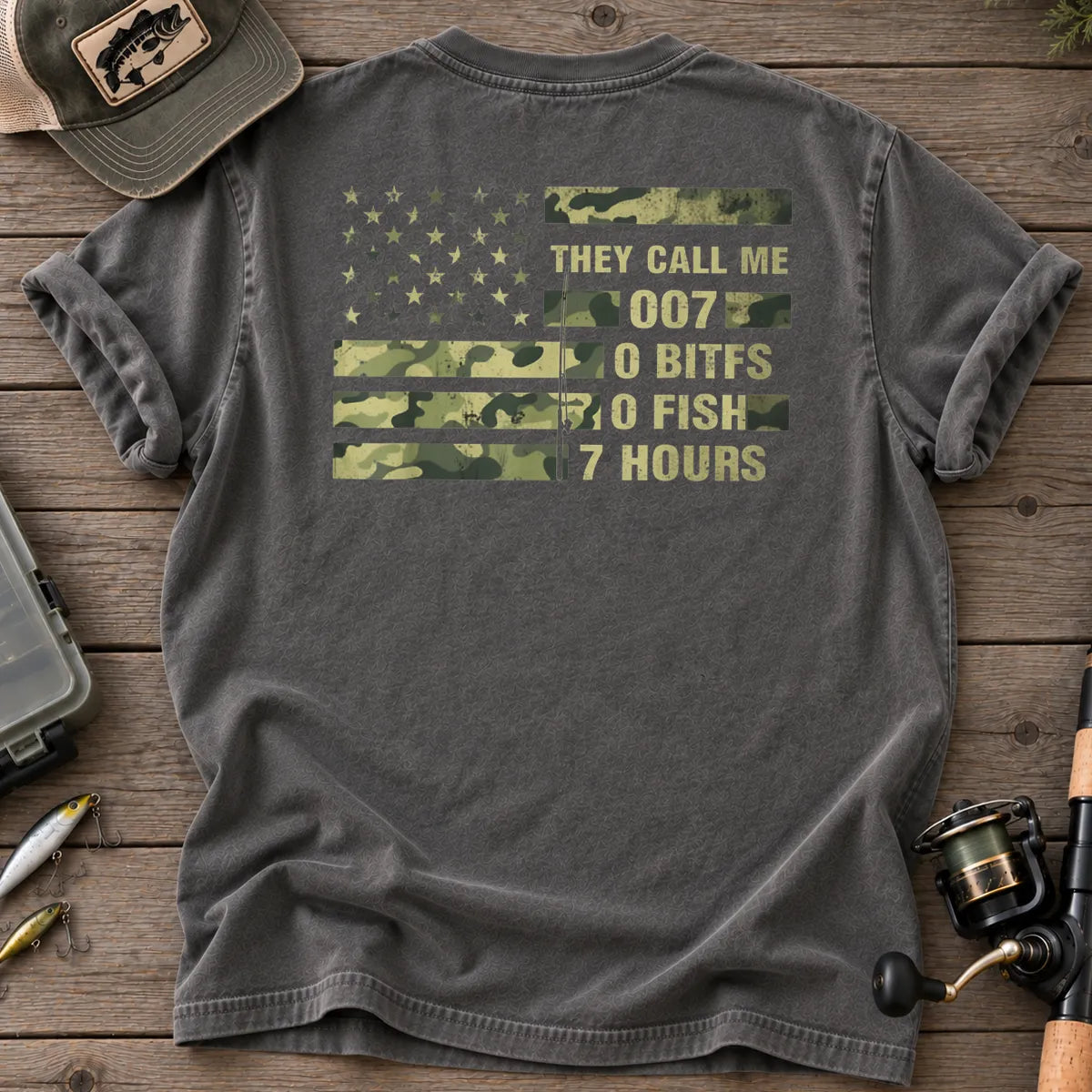 They Call Me 007 Camo Flag Fishing T-Shirt in Pepper