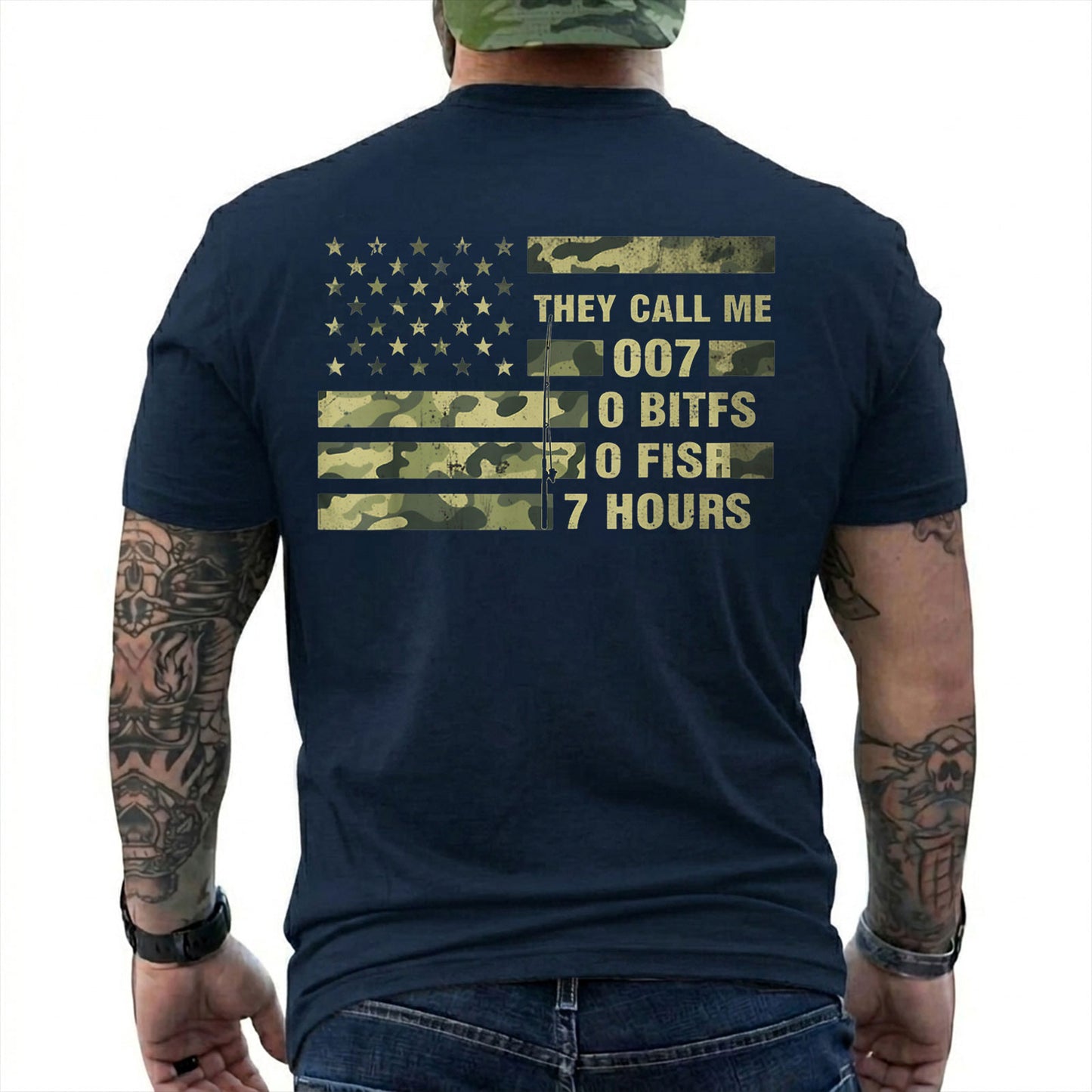 Forest Green T-shirt back with camo American flag and 0 bites 0 fish 7 hours fishing joke