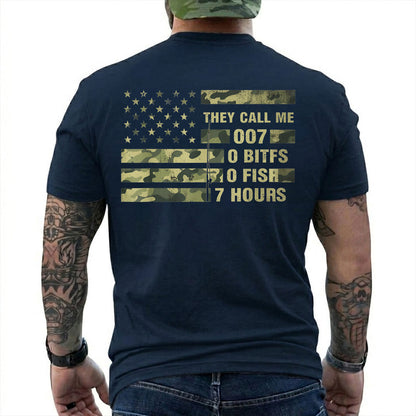 Forest Green T-shirt back with camo American flag and 0 bites 0 fish 7 hours fishing joke