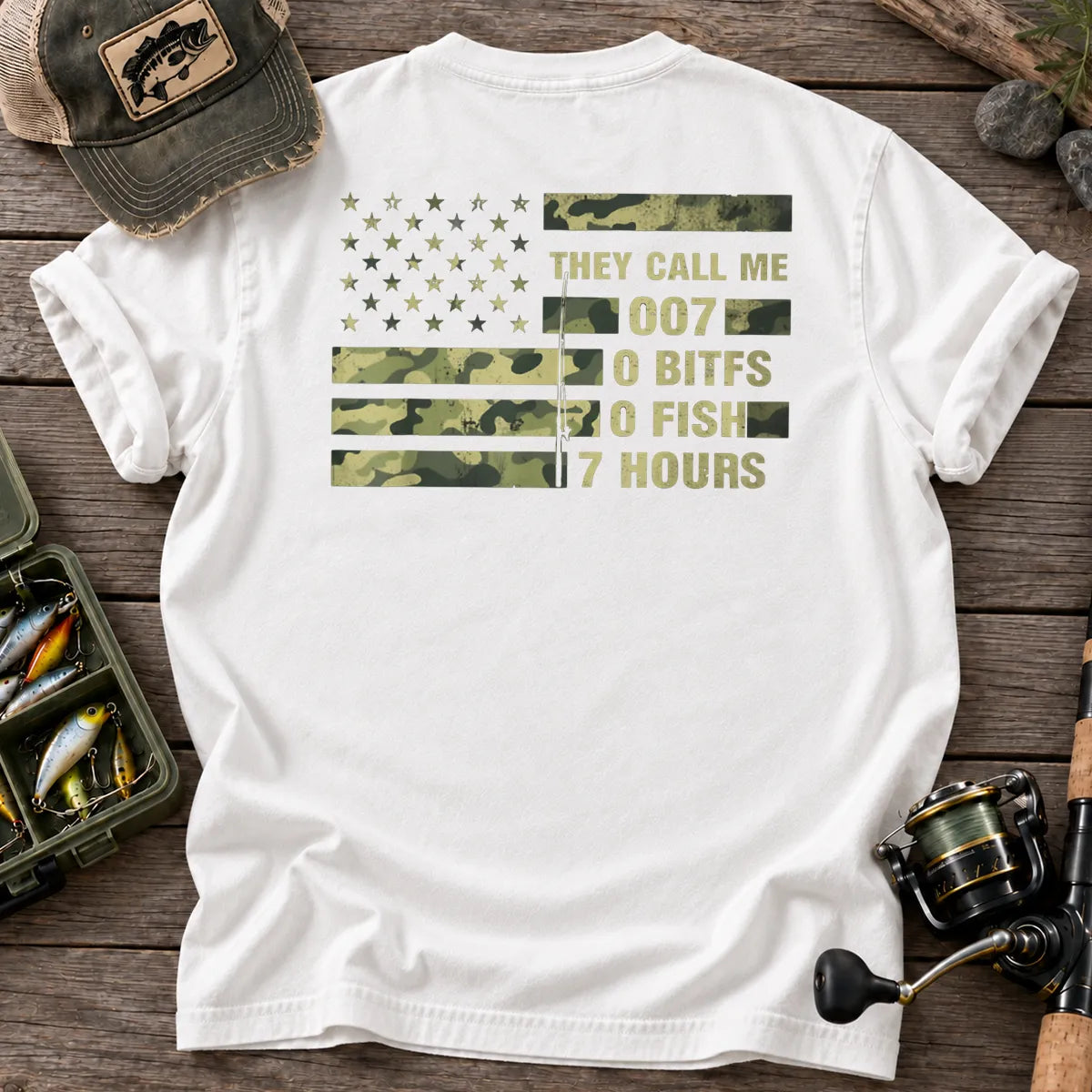 They Call Me 007 Camo Flag Fishing T-Shirt in White