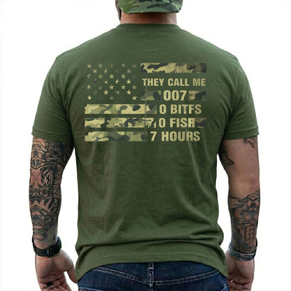 Military Green T-shirt back with camo American flag and 0 bites 0 fish 7 hours fishing joke