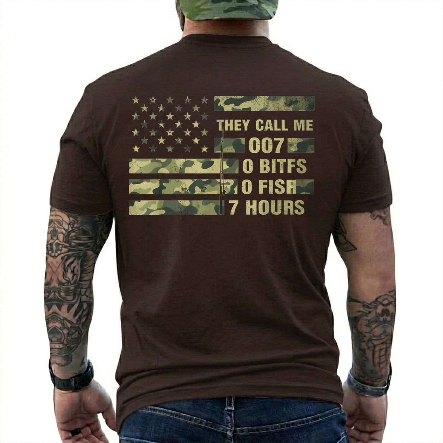Dark Chocolate T-shirt back with camo American flag and 0 bites 0 fish 7 hours fishing joke