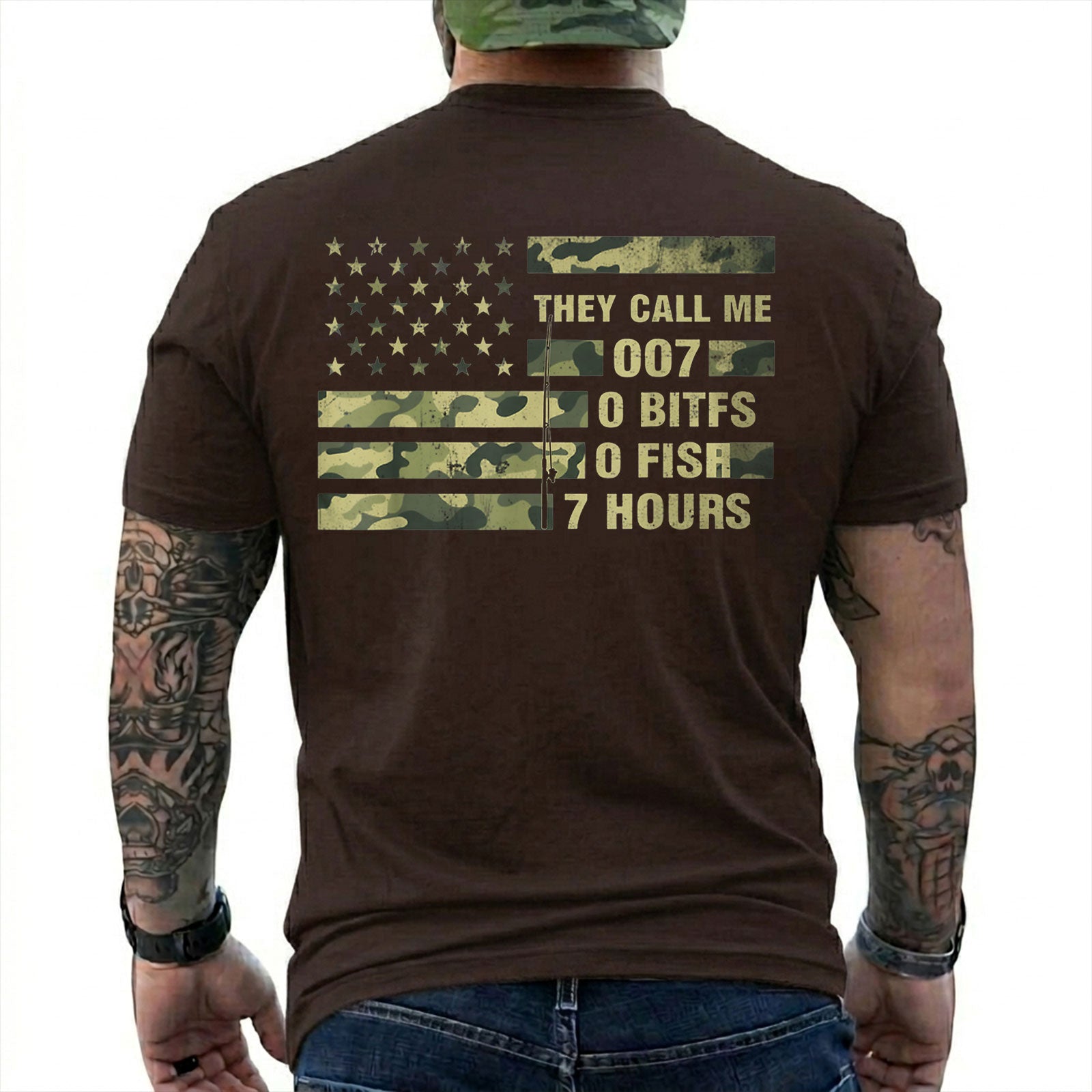 Dark Chocolate T-shirt back with camo American flag and 0 bites 0 fish 7 hours fishing joke