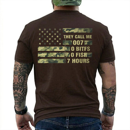 Dark Chocolate T-shirt back with camo American flag and 0 bites 0 fish 7 hours fishing joke