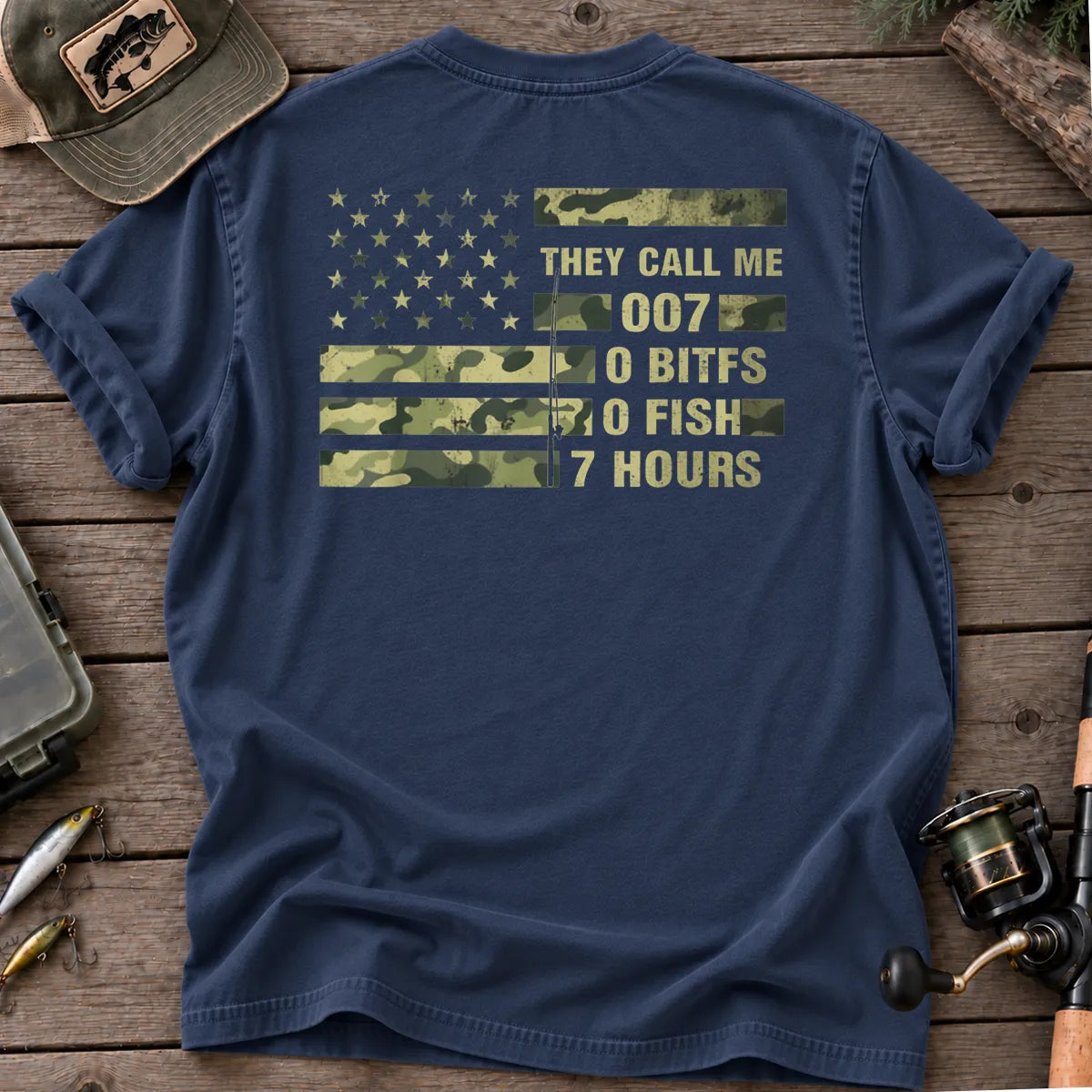 They Call Me 007 Camo Flag Fishing T-Shirt in True Navy