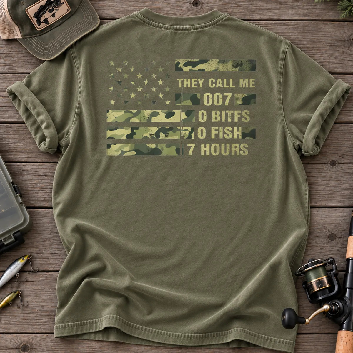 They Call Me 007 Camo Flag Fishing T-Shirt in Moss