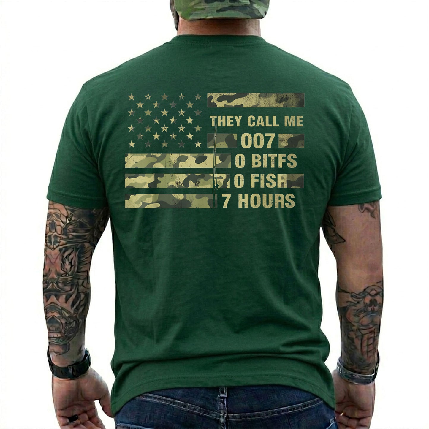 Navy T-shirt back with camo American flag and 0 bites 0 fish 7 hours fishing joke