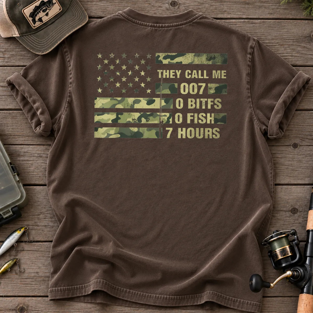 They Call Me 007 Camo Flag Fishing T-Shirt in Espresso