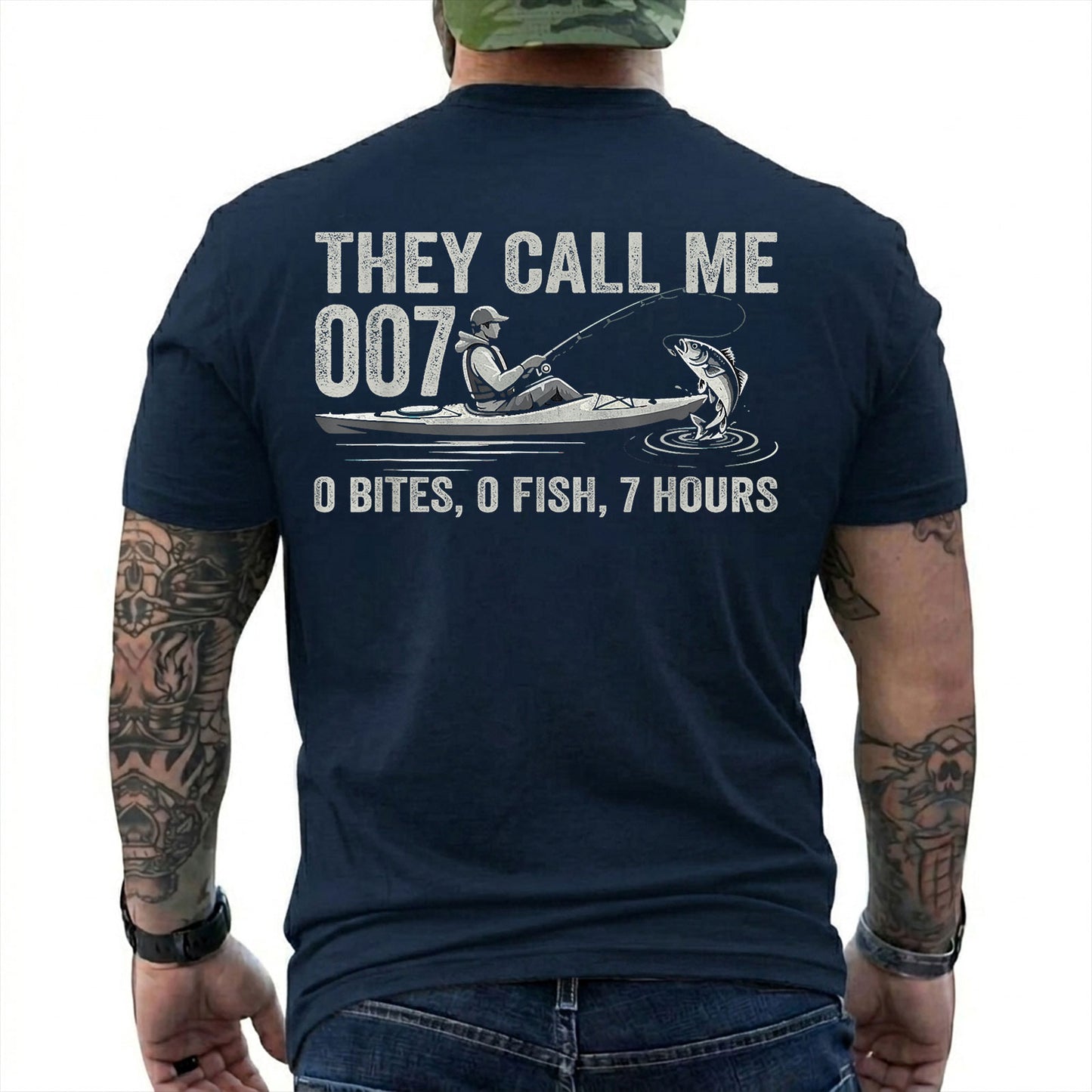Forest Green T-shirt back with kayak angler, jumping fish, and 0 bites 0 fish 7 hours joke