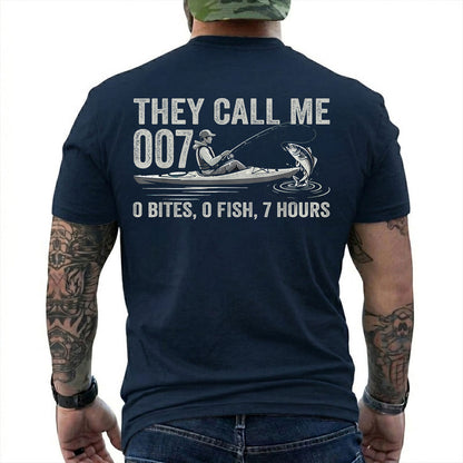 Forest Green T-shirt back with kayak angler, jumping fish, and 0 bites 0 fish 7 hours joke