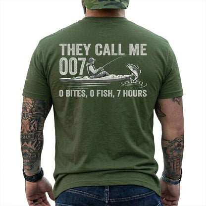 Military Green T-shirt back with kayak angler, jumping fish, and 0 bites 0 fish 7 hours joke