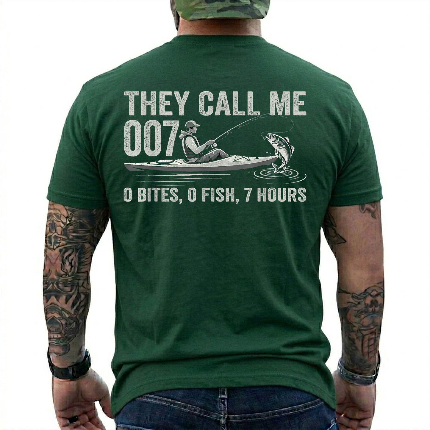Navy T-shirt back with kayak angler, jumping fish, and 0 bites 0 fish 7 hours joke