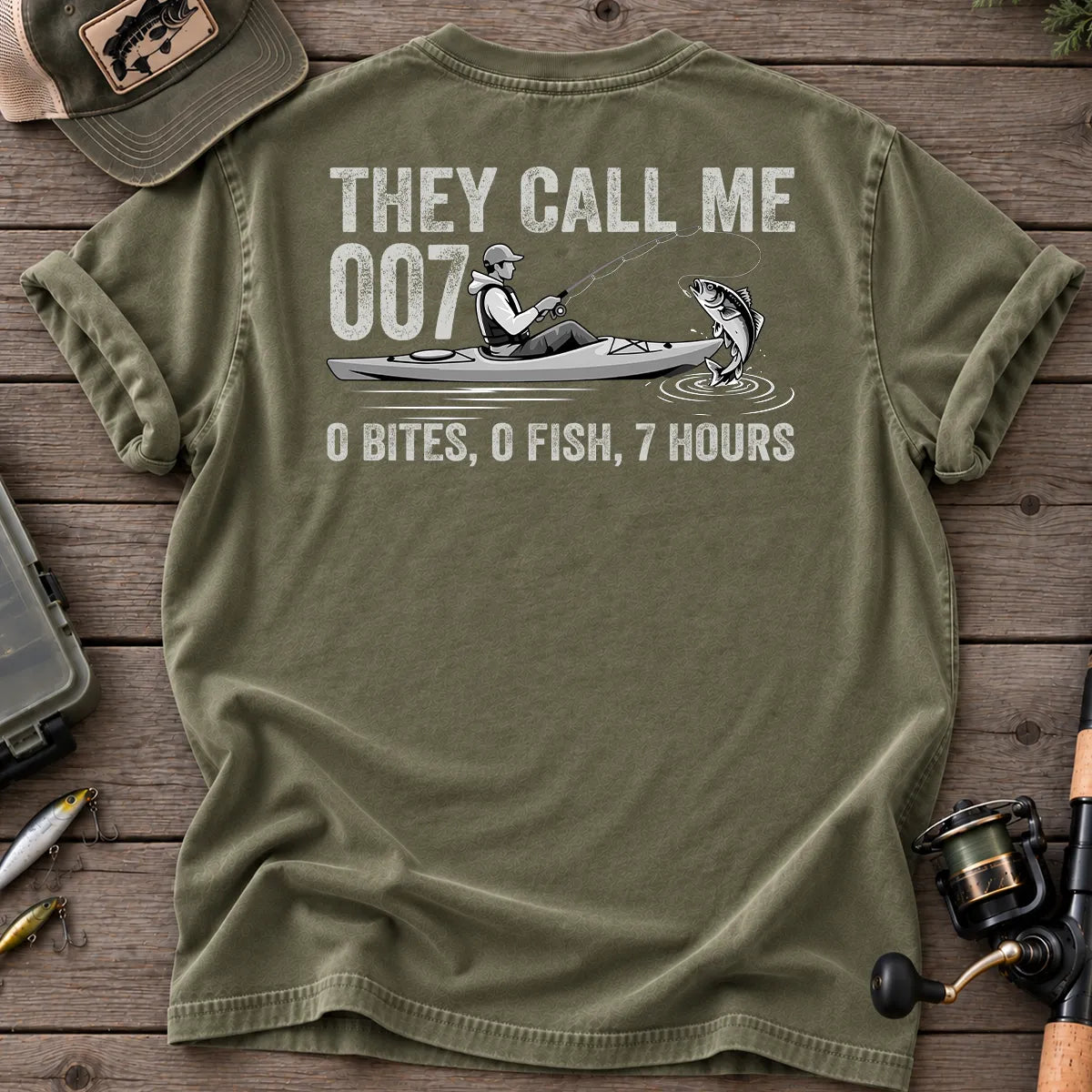 They Call Me 007 Kayak Fishing T-Shirt in Moss