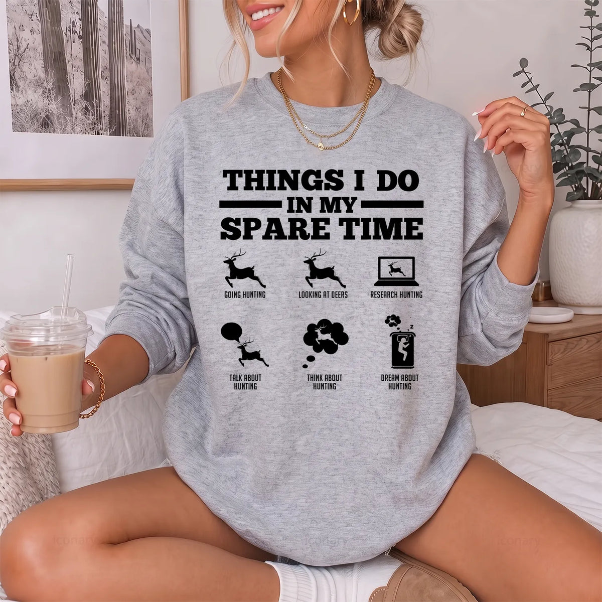 Things I Do Deer Hunting Sweatshirt Women model in Sport Grey