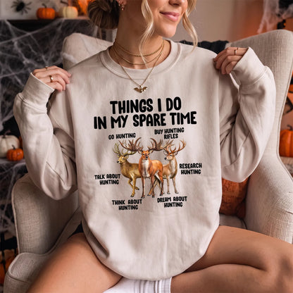 Things I Do Hunting Humor Sweatshirt Women model in Sand