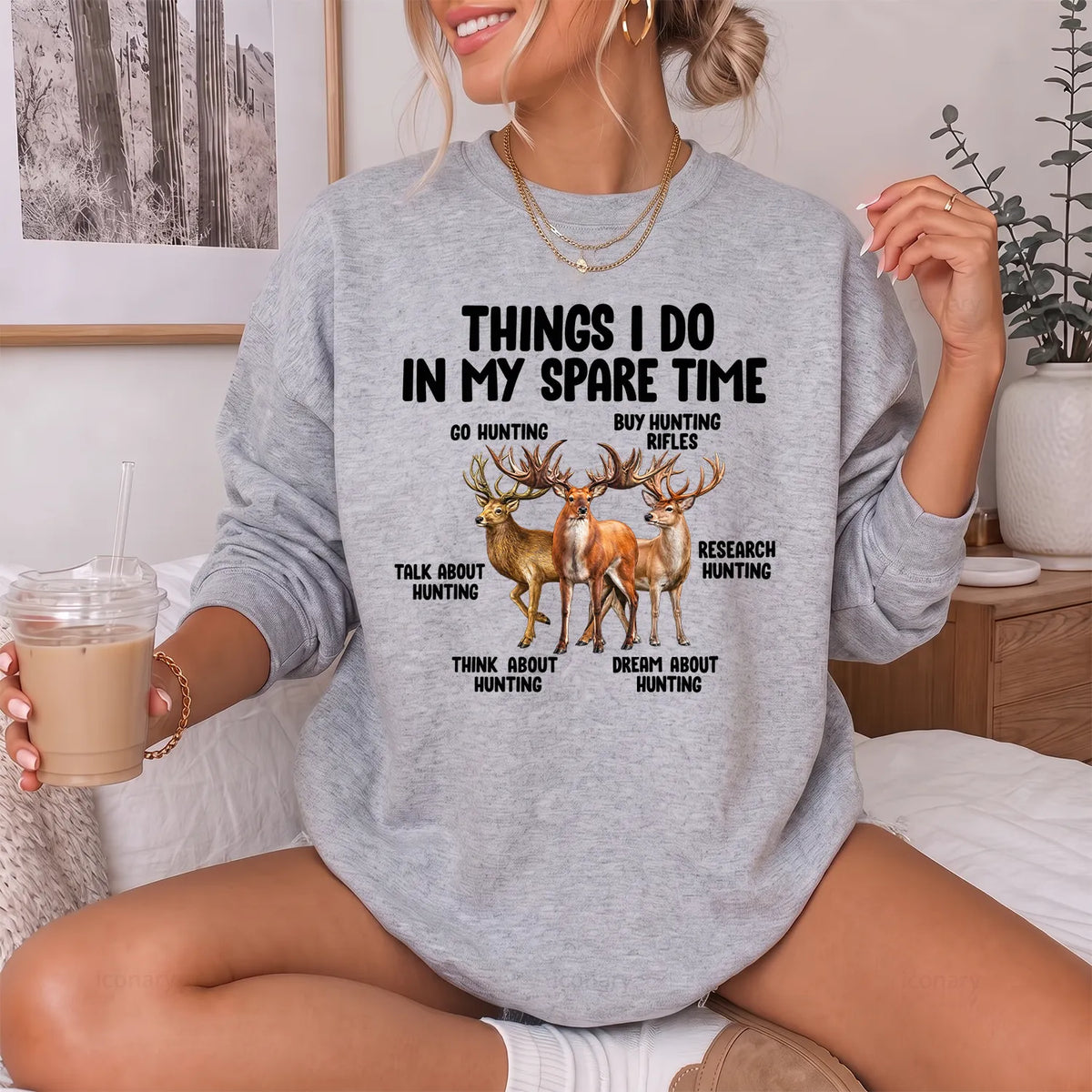 Things I Do Hunting Humor Sweatshirt Women model in Sport Grey