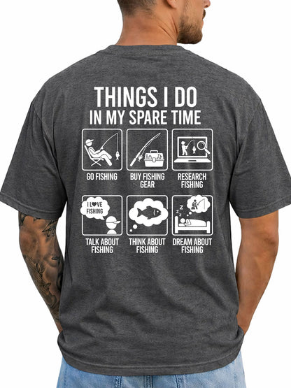 Dark Heather T-shirt back with six-panel spare-time fishing activities infographic
