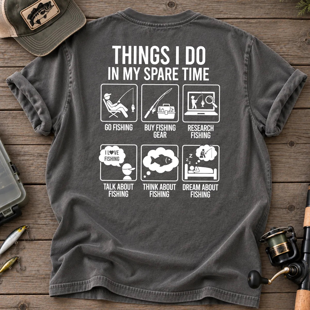 Things I Do in My Spare Time Fishing T-Shirt in Pepper