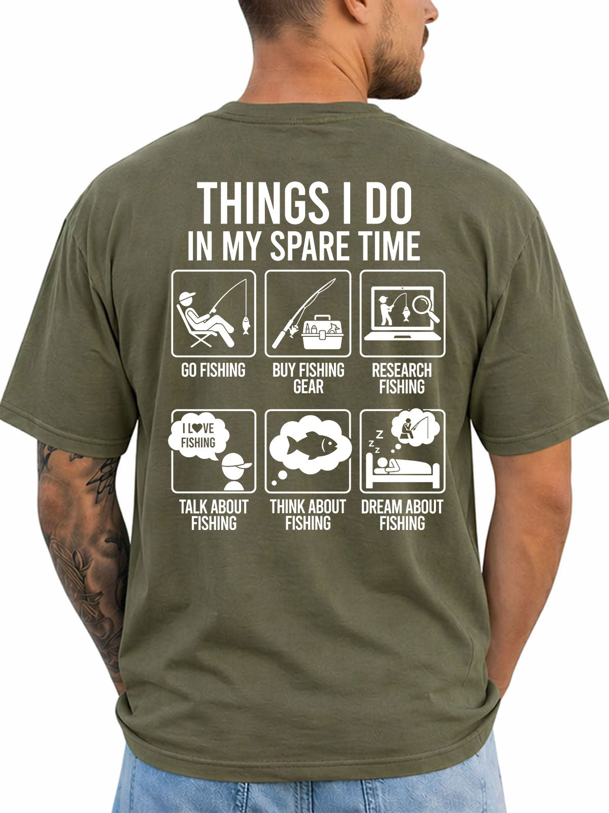 Military Green T-shirt back with six-panel spare-time fishing activities infographic