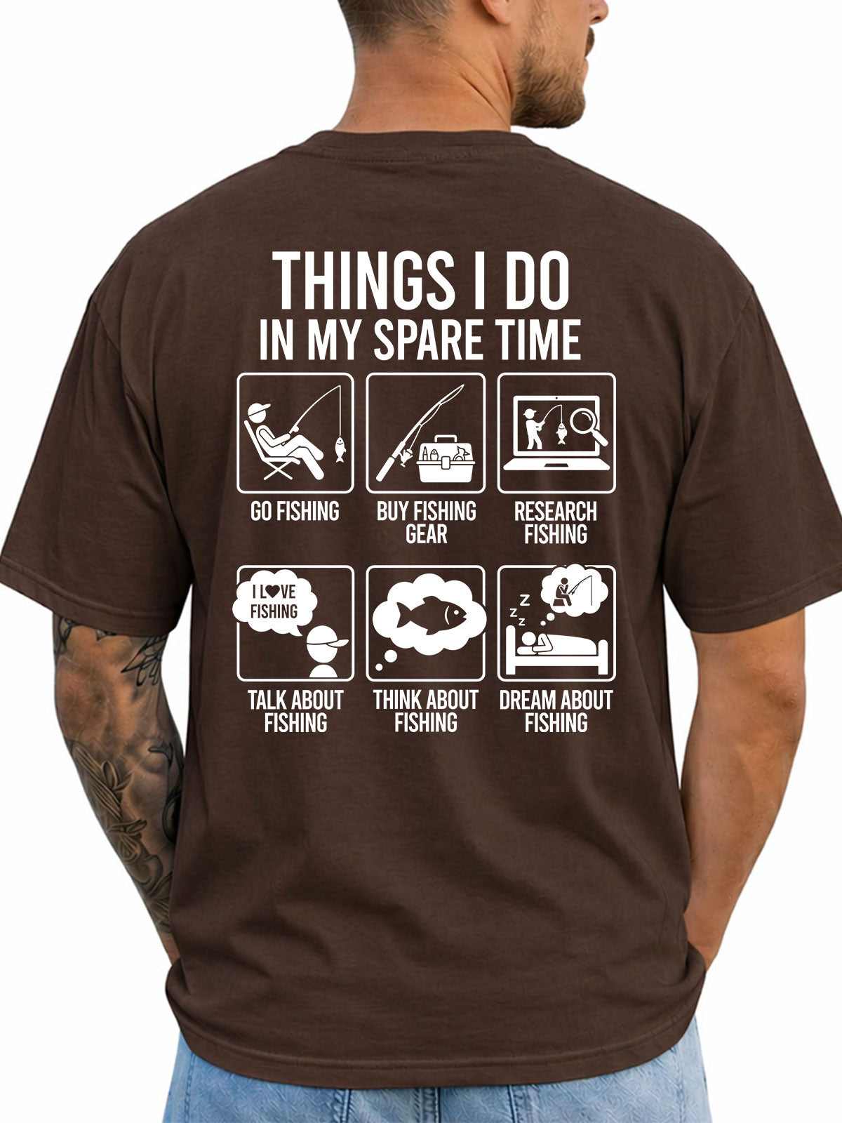 Dark Chocolate T-shirt back with six-panel spare-time fishing activities infographic