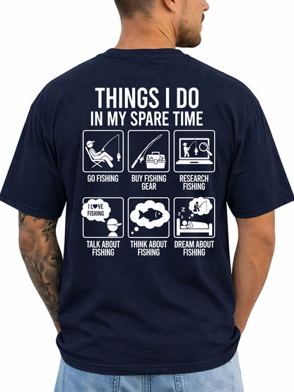 Navy T-shirt back with six-panel spare-time fishing activities infographic