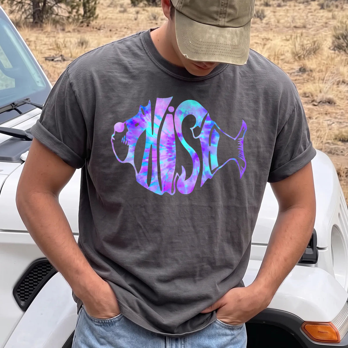 Tie Dye Fish T-Shirt Men model in Pepper