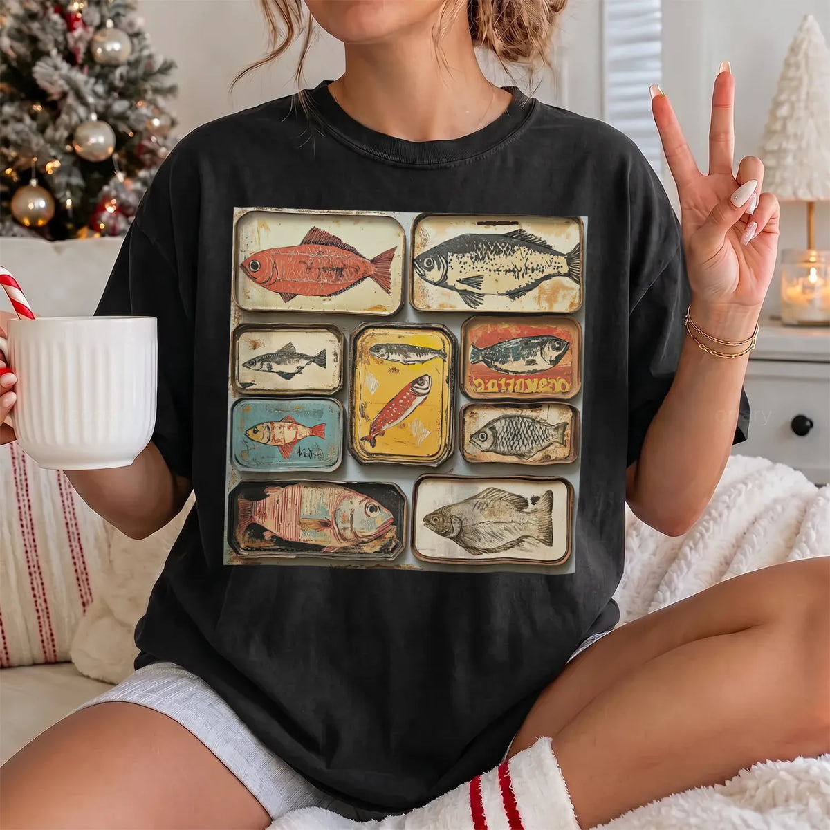 Tinned Fish Grid T-Shirt Women model in Black
