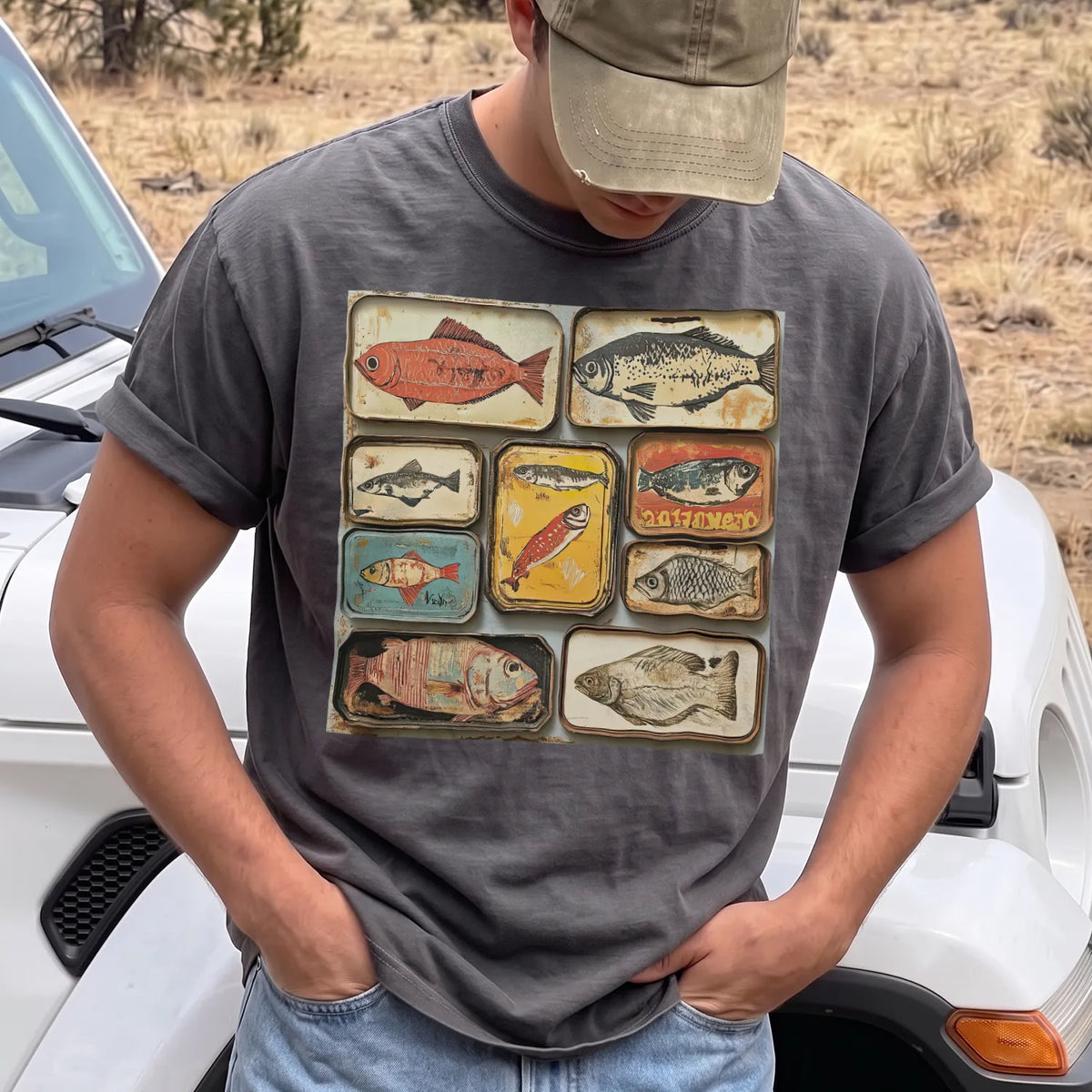 Tinned Fish Grid T-Shirt Men model in Pepper
