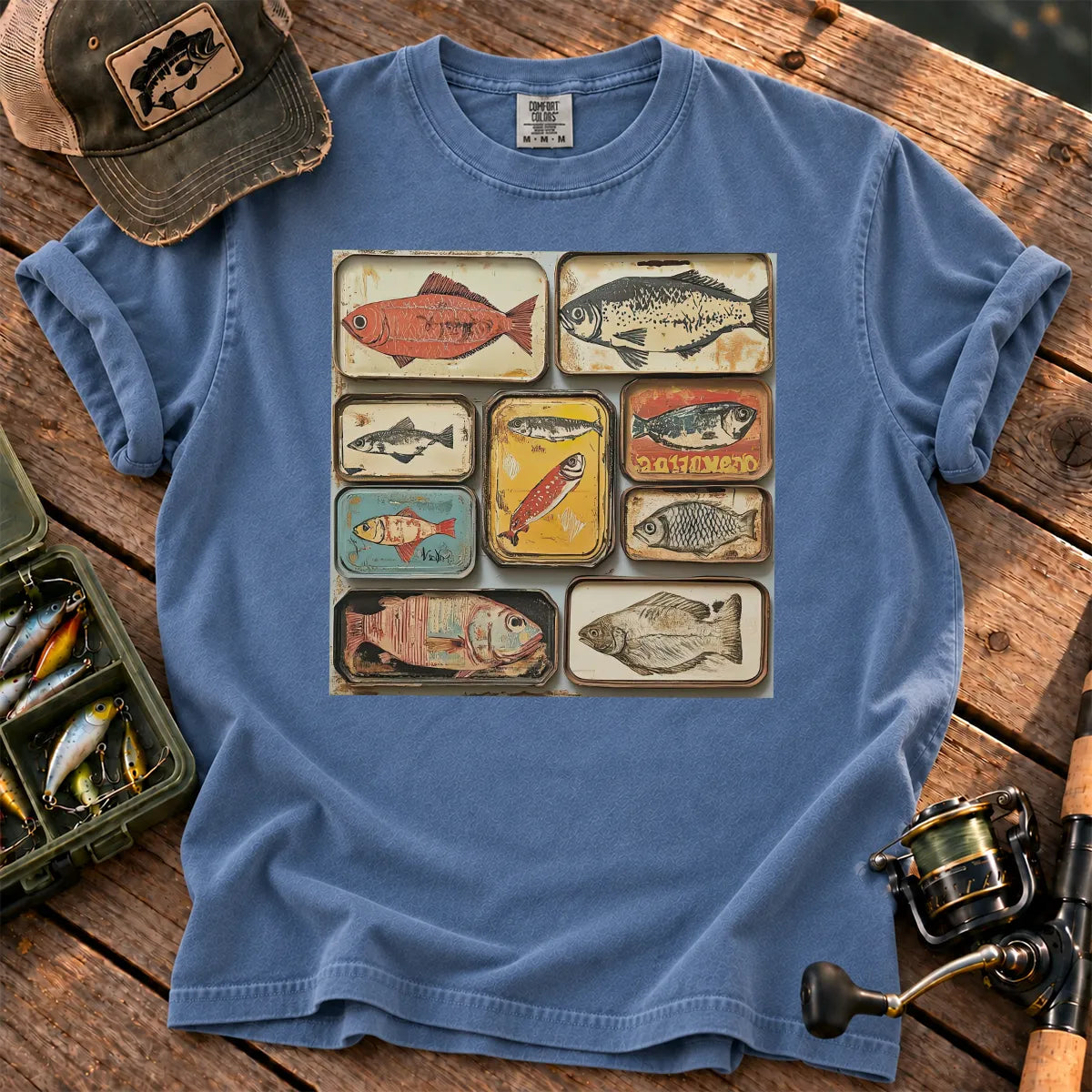 Tinned Fish Grid T-Shirt in Blue Jean