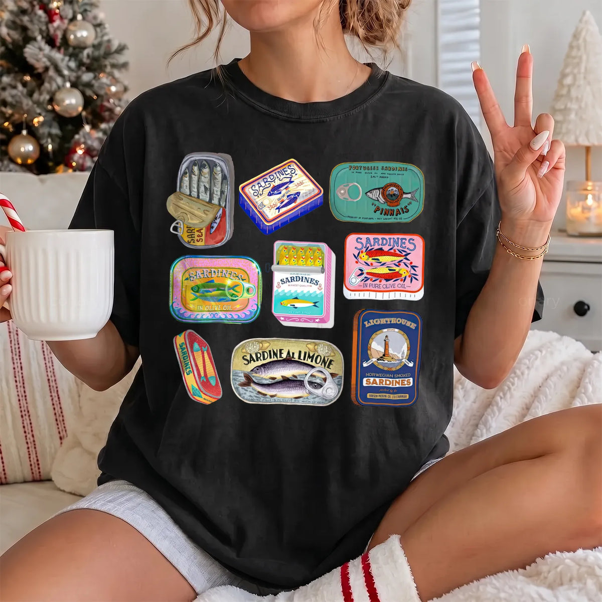 Tinned Fish Labels T-Shirt Women model in Black