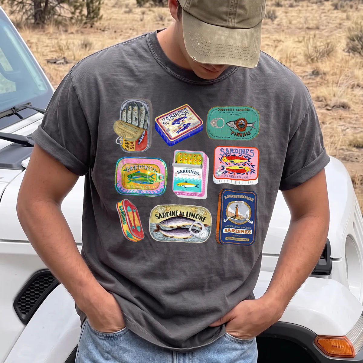 Tinned Fish Labels T-Shirt Men model in Pepper