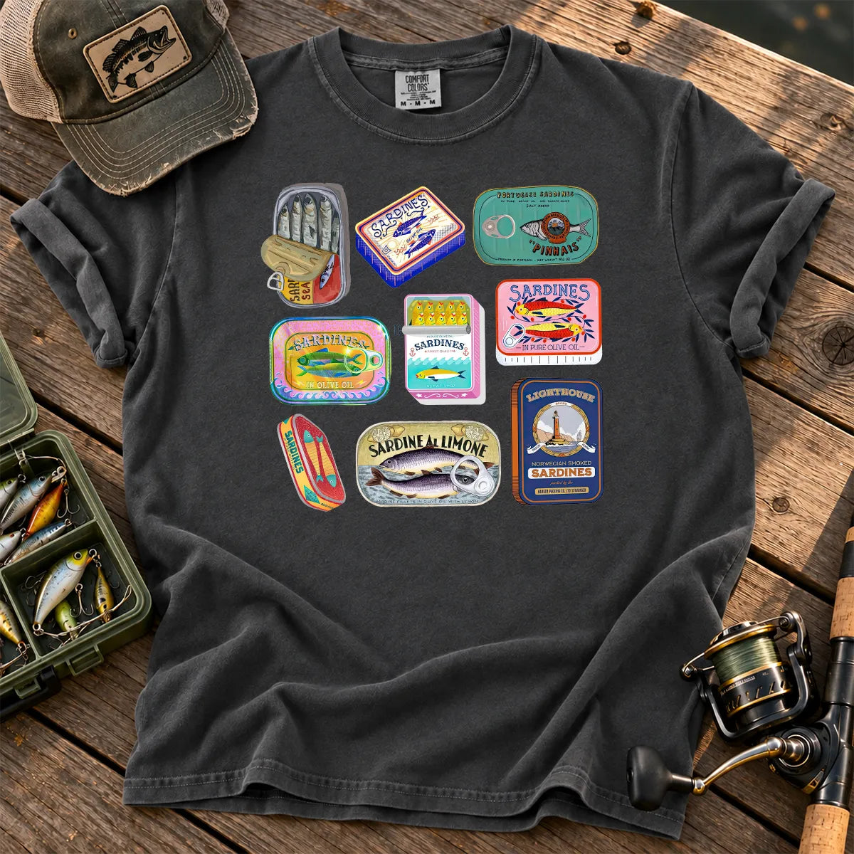 Tinned Fish Labels T-Shirt in Pepper