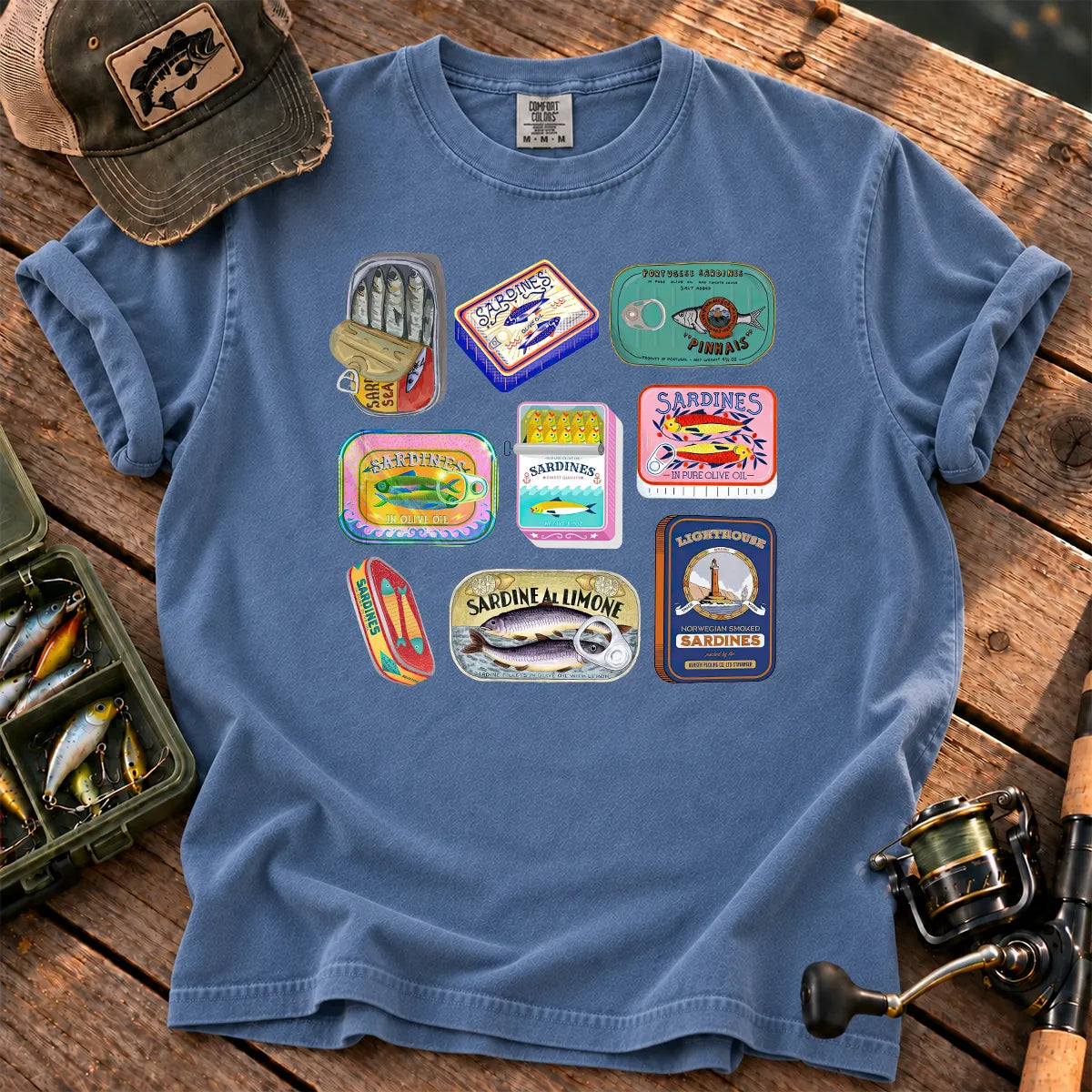 Tinned Fish Labels T-Shirt in Blue Jean