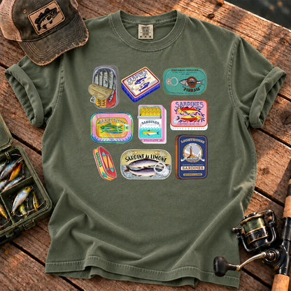 Tinned Fish Labels T-Shirt in Moss