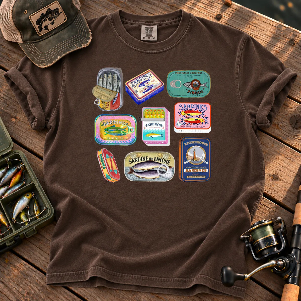 Tinned Fish Labels T-Shirt in Espresso