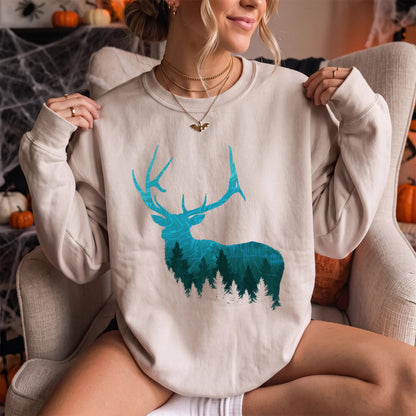 Topographic Bull Elk Sweatshirt Women model in Sand